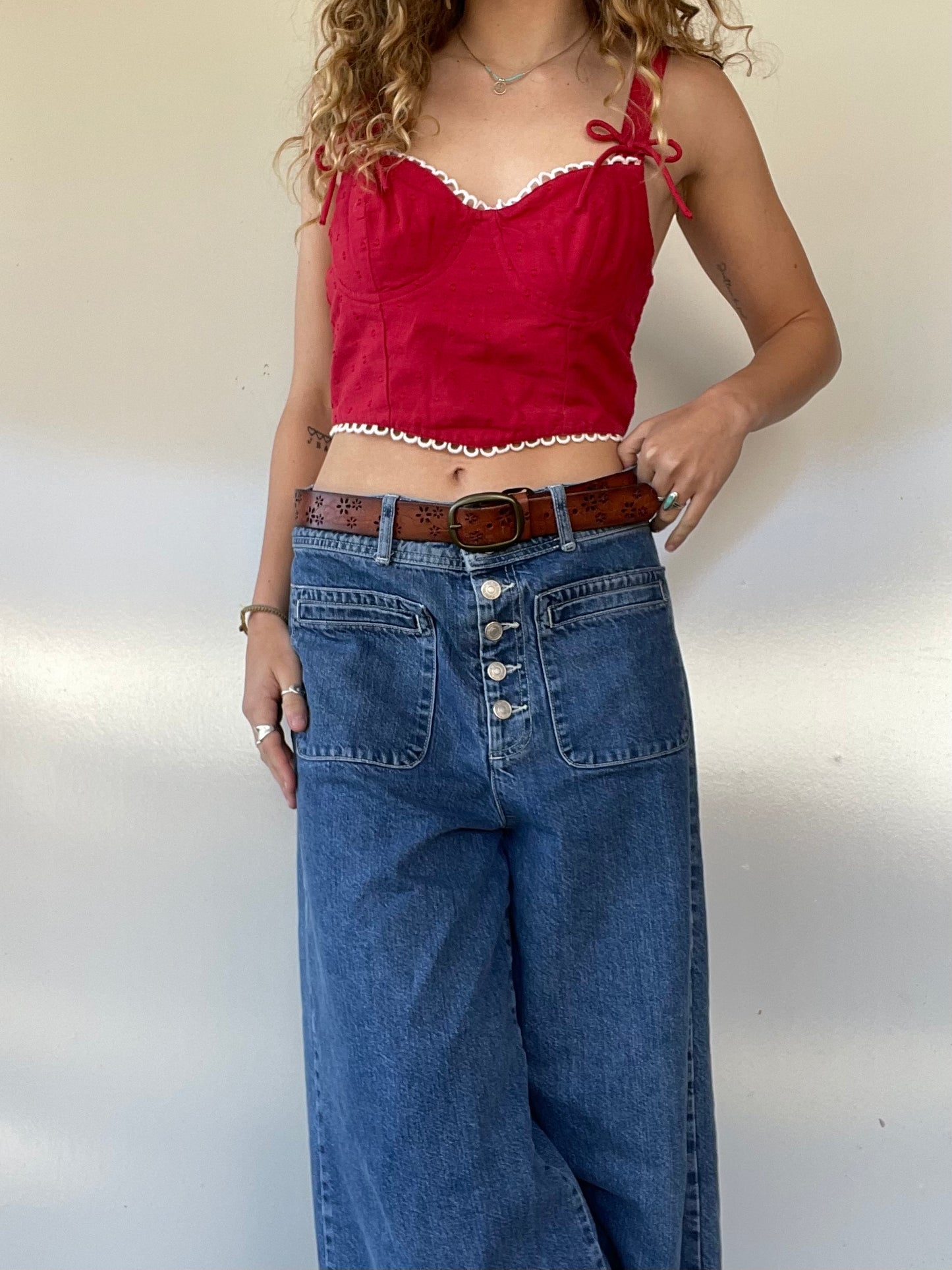 Red Corset Top With White Lace Trim