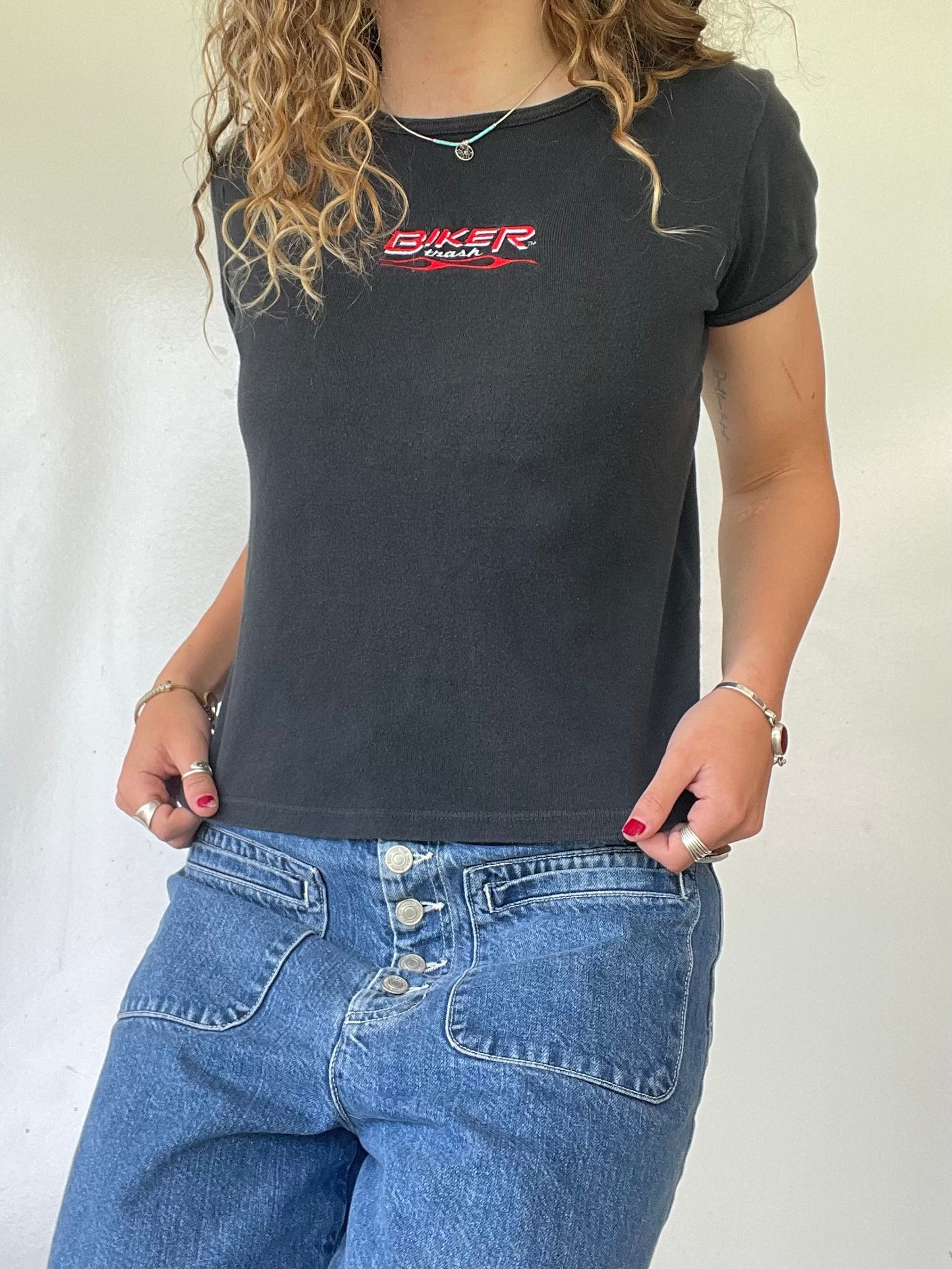 90s Graphic “Biker Trash” Baby Tee