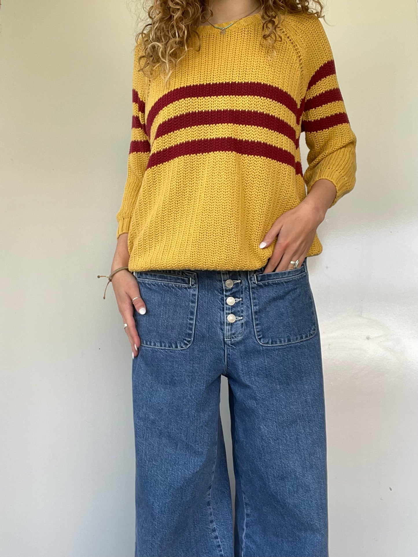 Yellow and Red Striped Knit Sweater