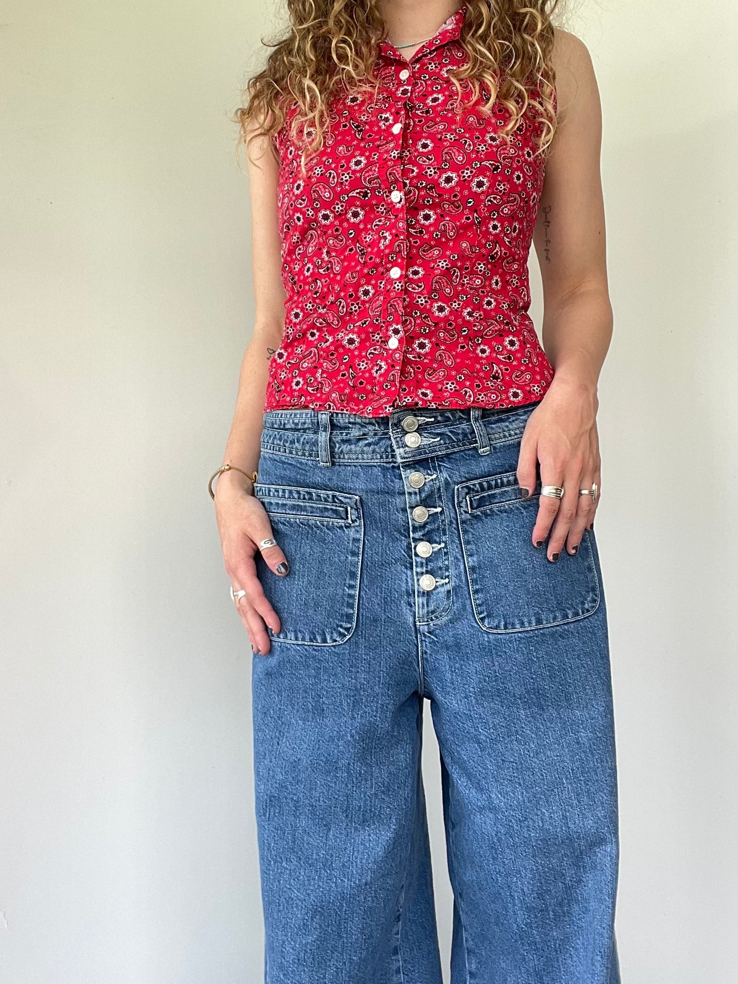 Vintage Bandana Patterned Button Up Tank Top