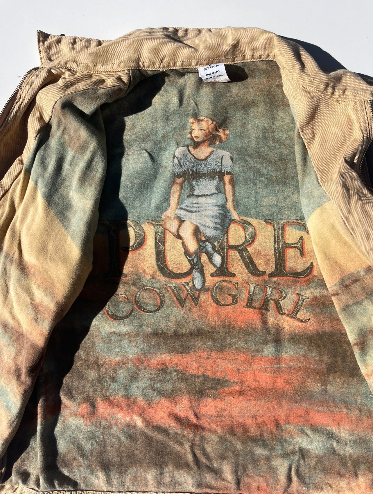 Vintage Tan Canvas Vest With Cowgirl Graphic Inside Lining
