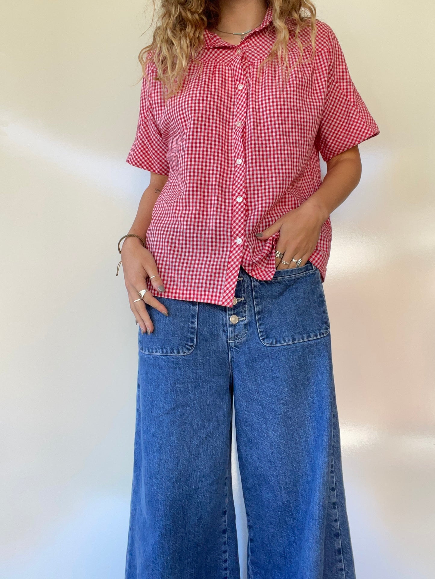 70s Vintage Gingham Button Up Top