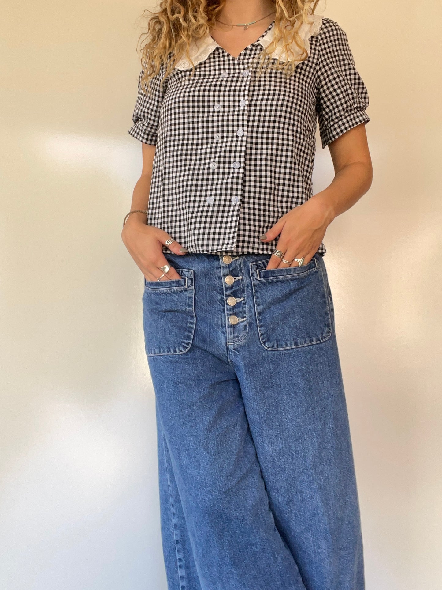 Gingham Button Up Top with White Trim Collar