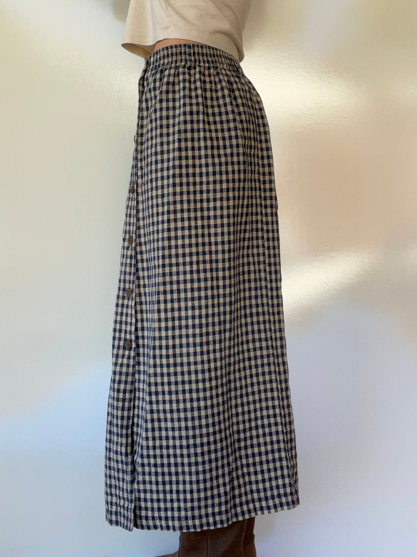 Vintage Tan and Navy Blue Gingham Skirt