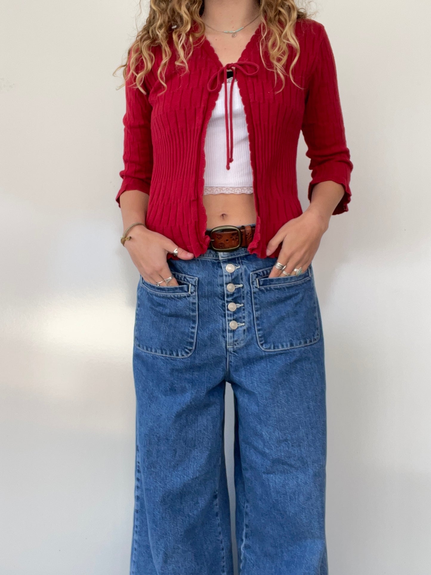 Vintage Red Mid-Sleeve Sweater Top