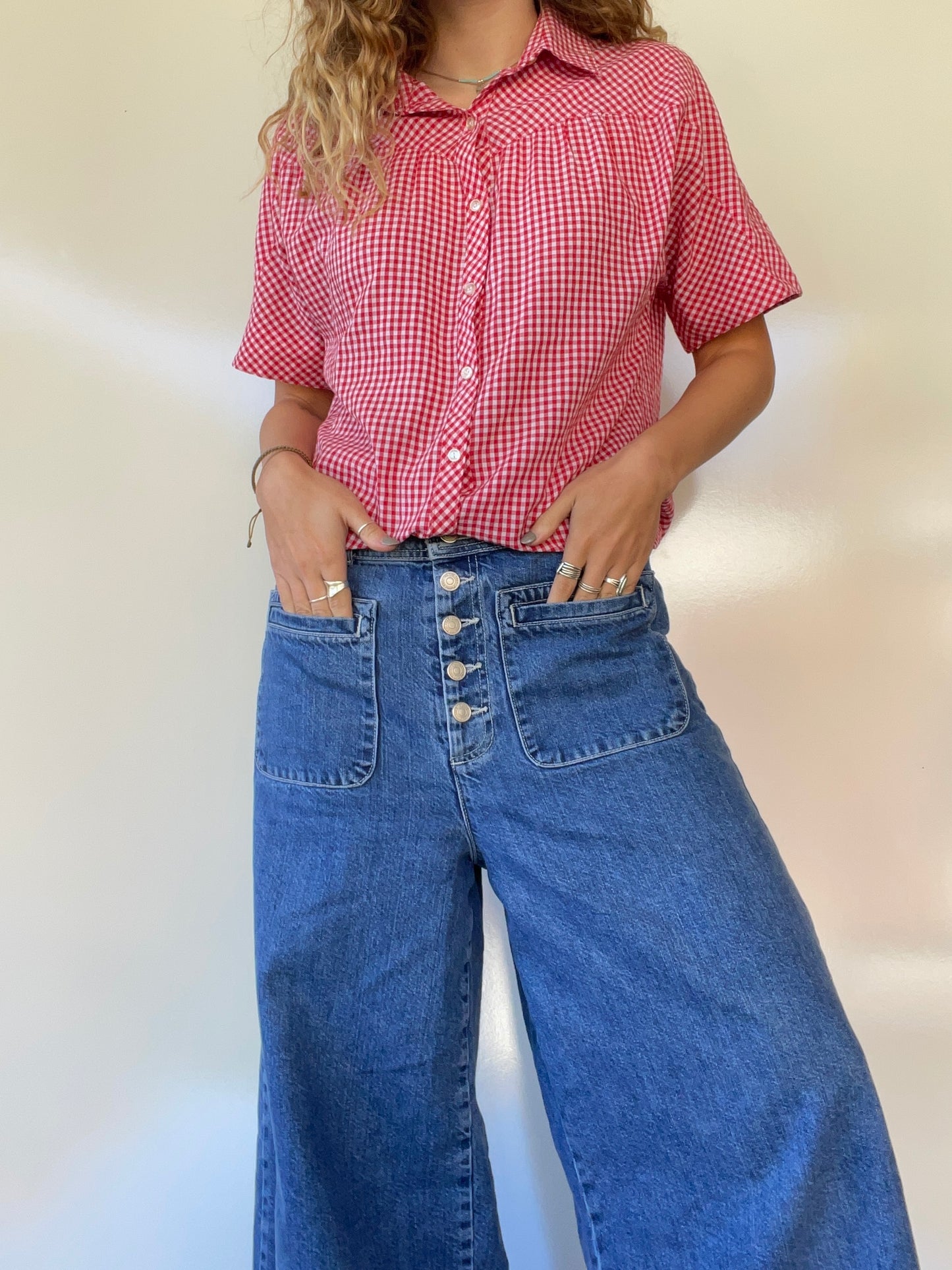 70s Vintage Gingham Button Up Top
