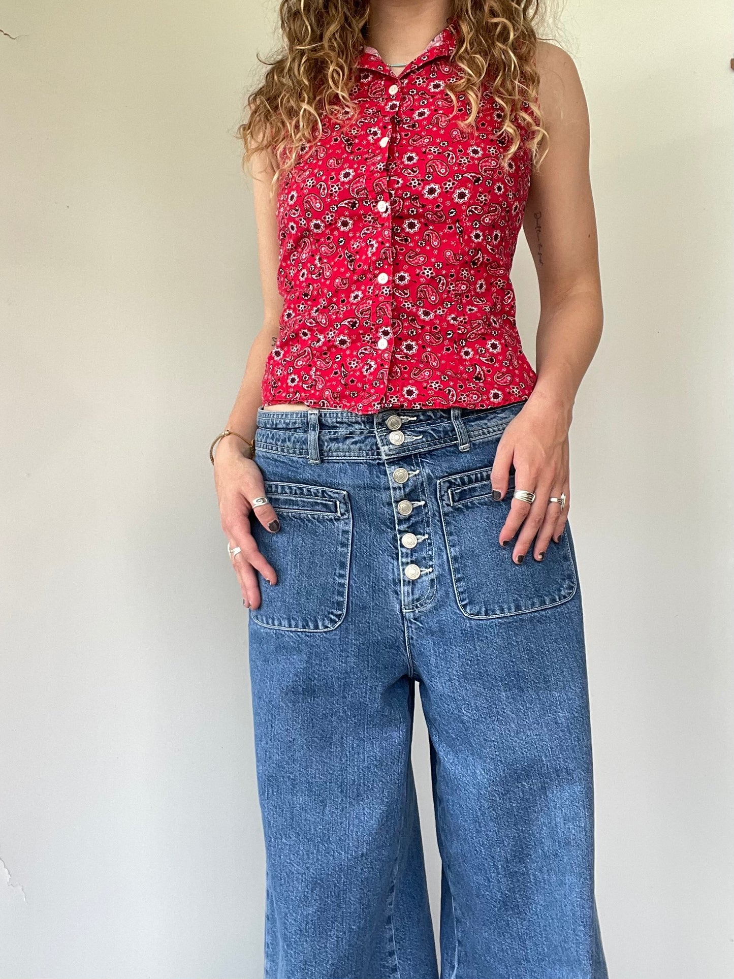 Vintage Bandana Patterned Button Up Tank Top