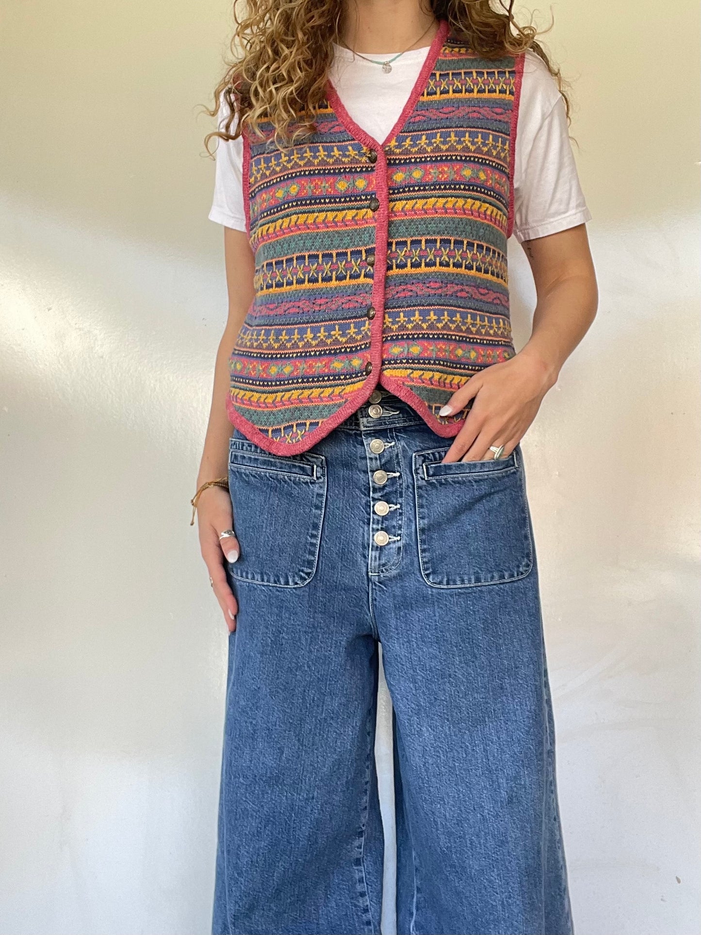80s Colorful Pink Knit Sweater Vest