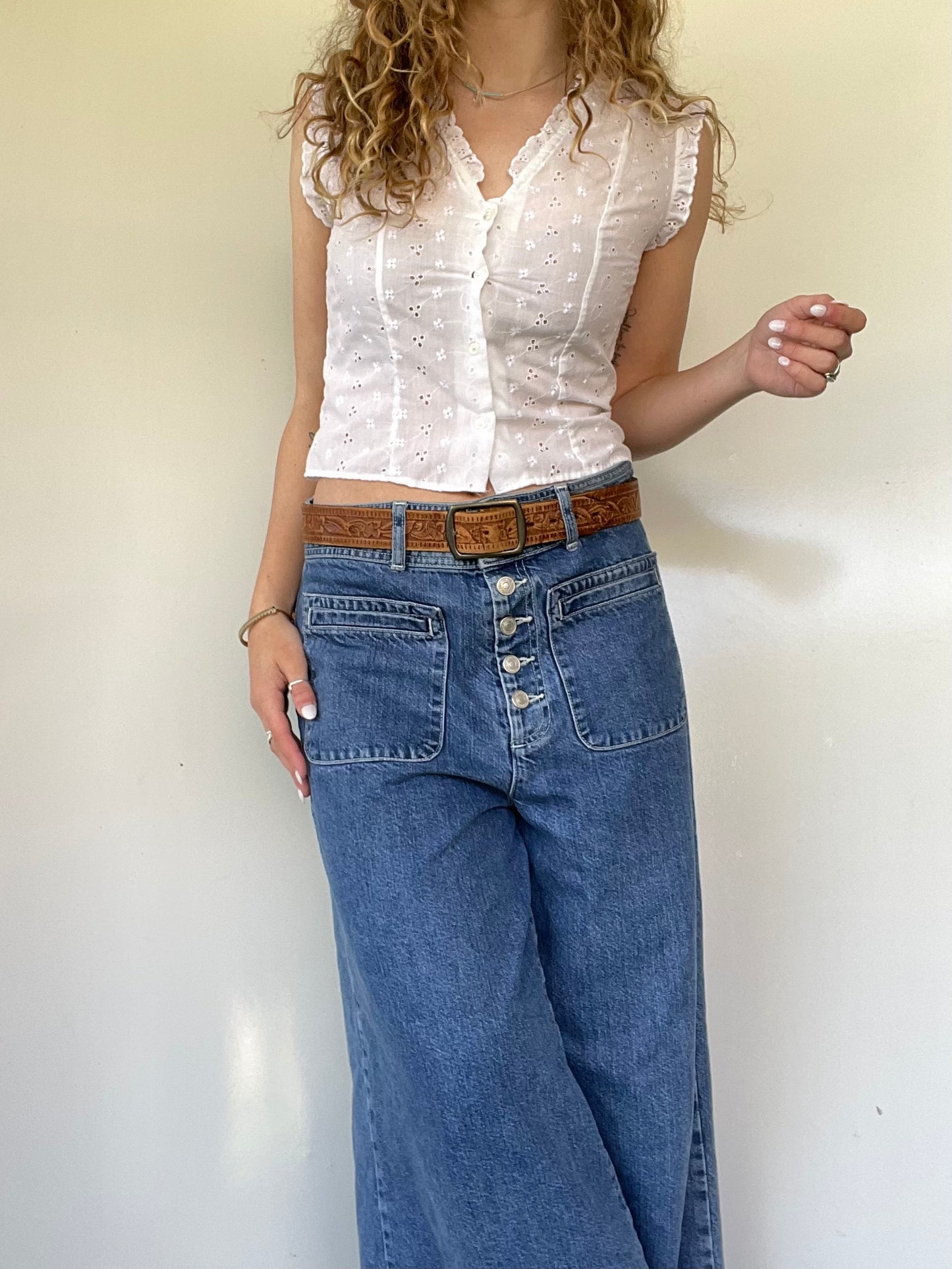 1970s Vintage White Lace Button Up Top