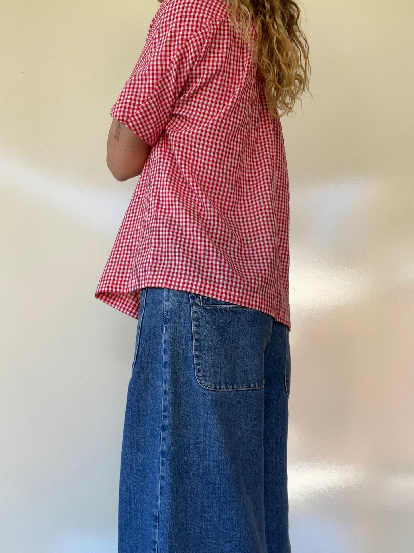 70s Vintage Gingham Button Up Top