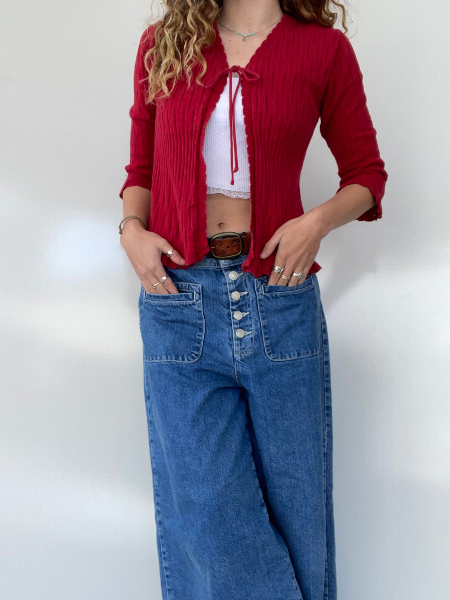 Vintage Red Mid-Sleeve Sweater Top