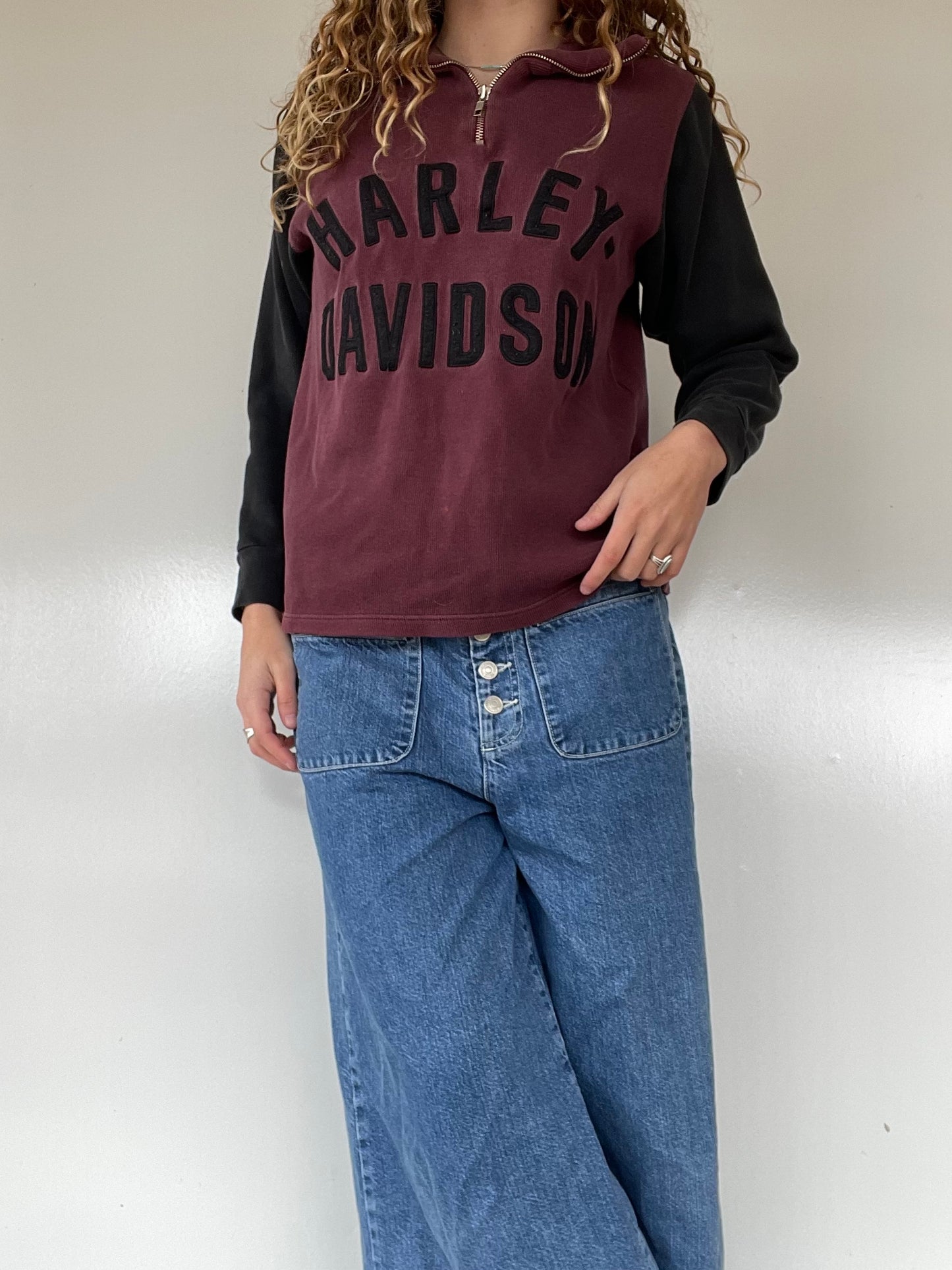 00s Distressed Harley Davidson Quarter Zip Pullover