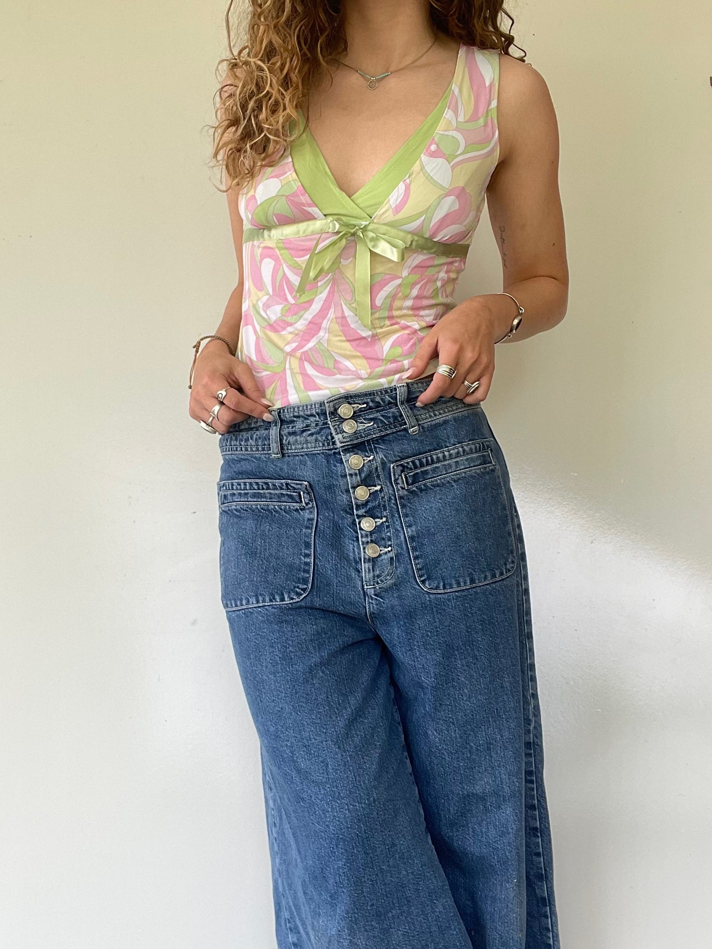 00s Pink and Green Abstract Tank Top