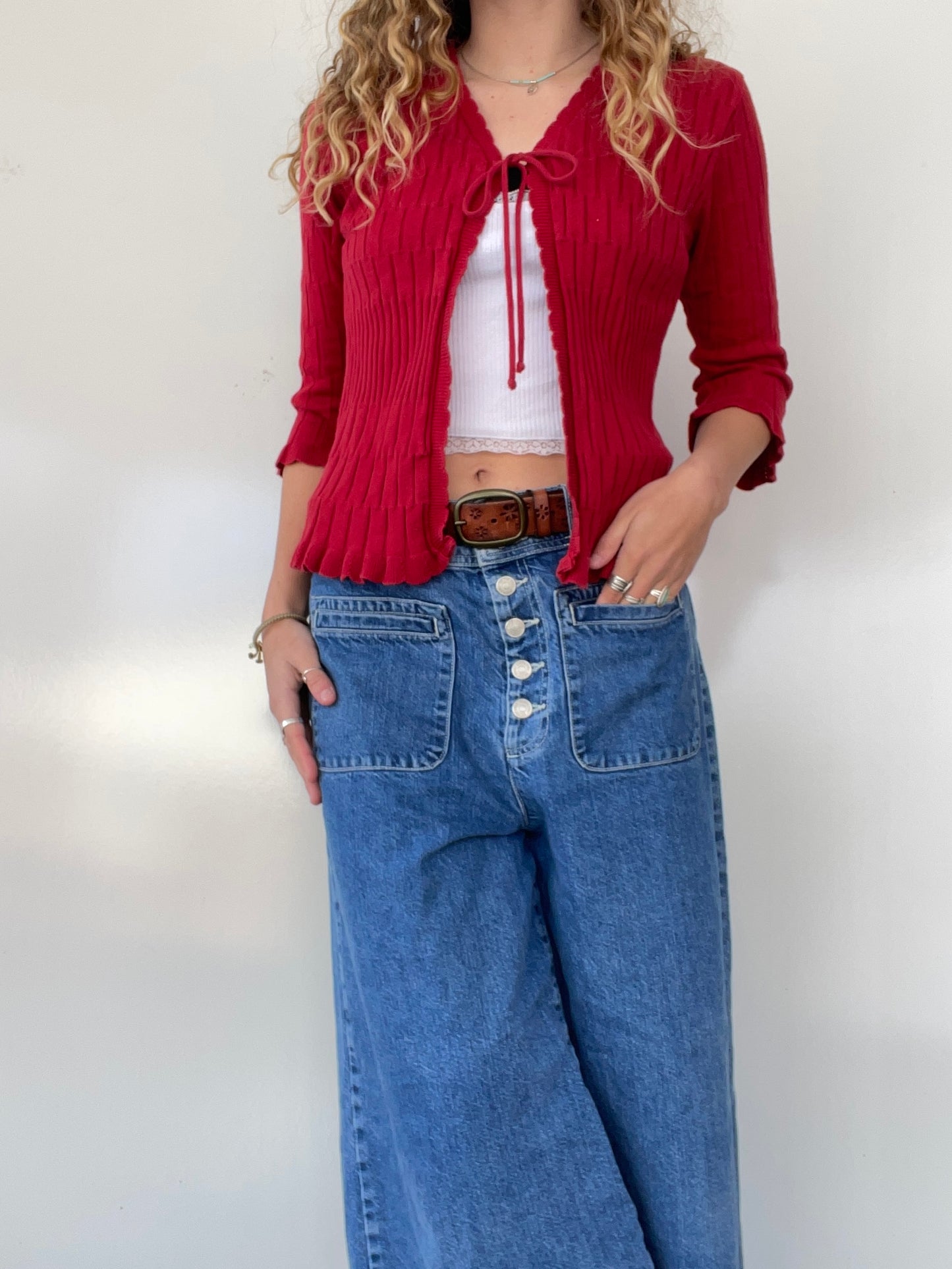 Vintage Red Mid-Sleeve Sweater Top