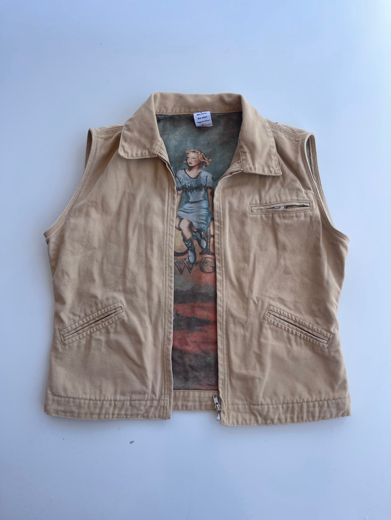 Vintage Tan Canvas Vest With Cowgirl Graphic Inside Lining