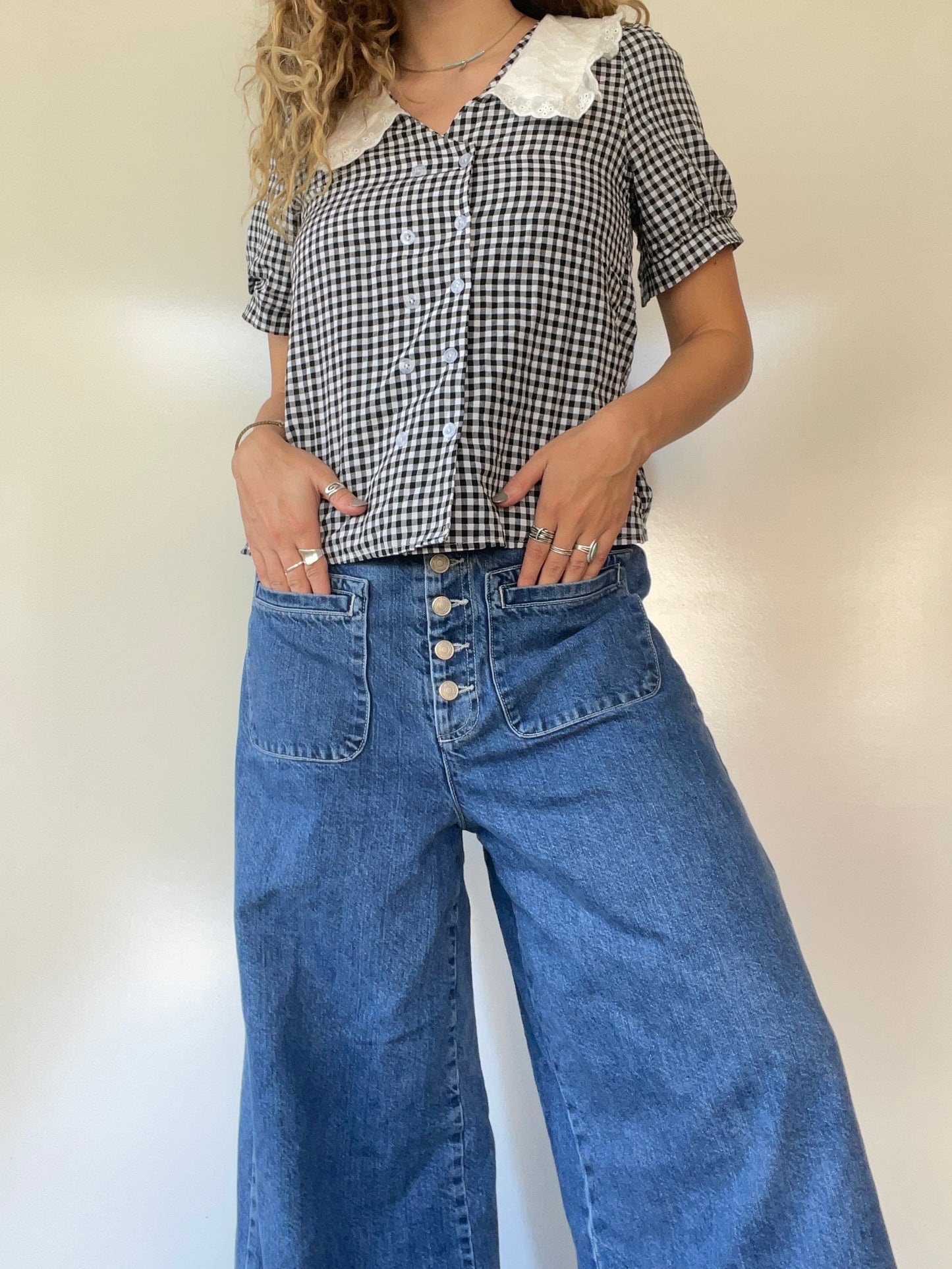 Gingham Button Up Top with White Trim Collar