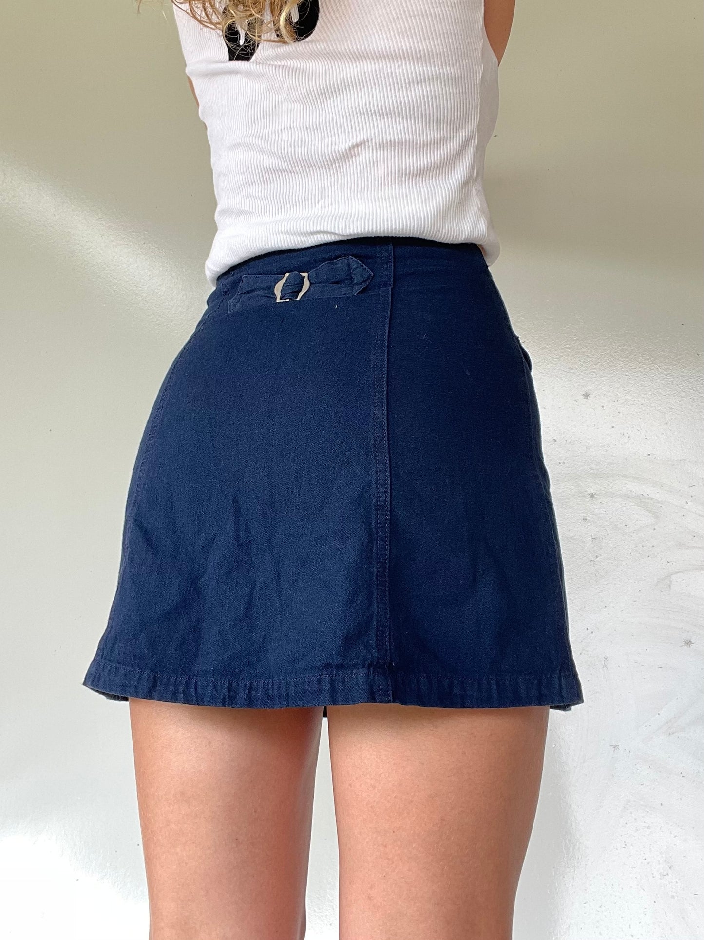 90s Vintage Navy Blue Patch Pocket Mini Skirt