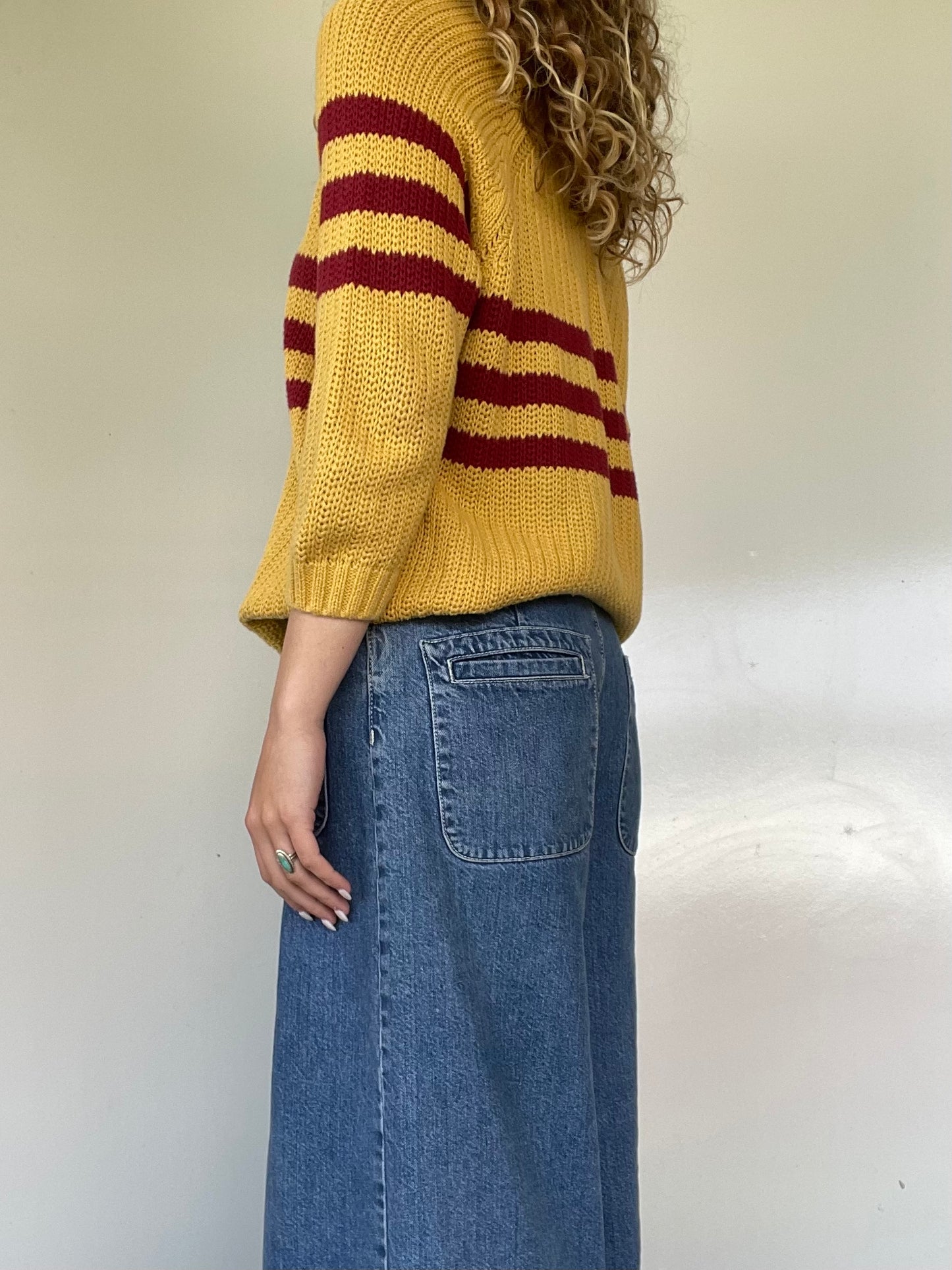 Yellow and Red Striped Knit Sweater