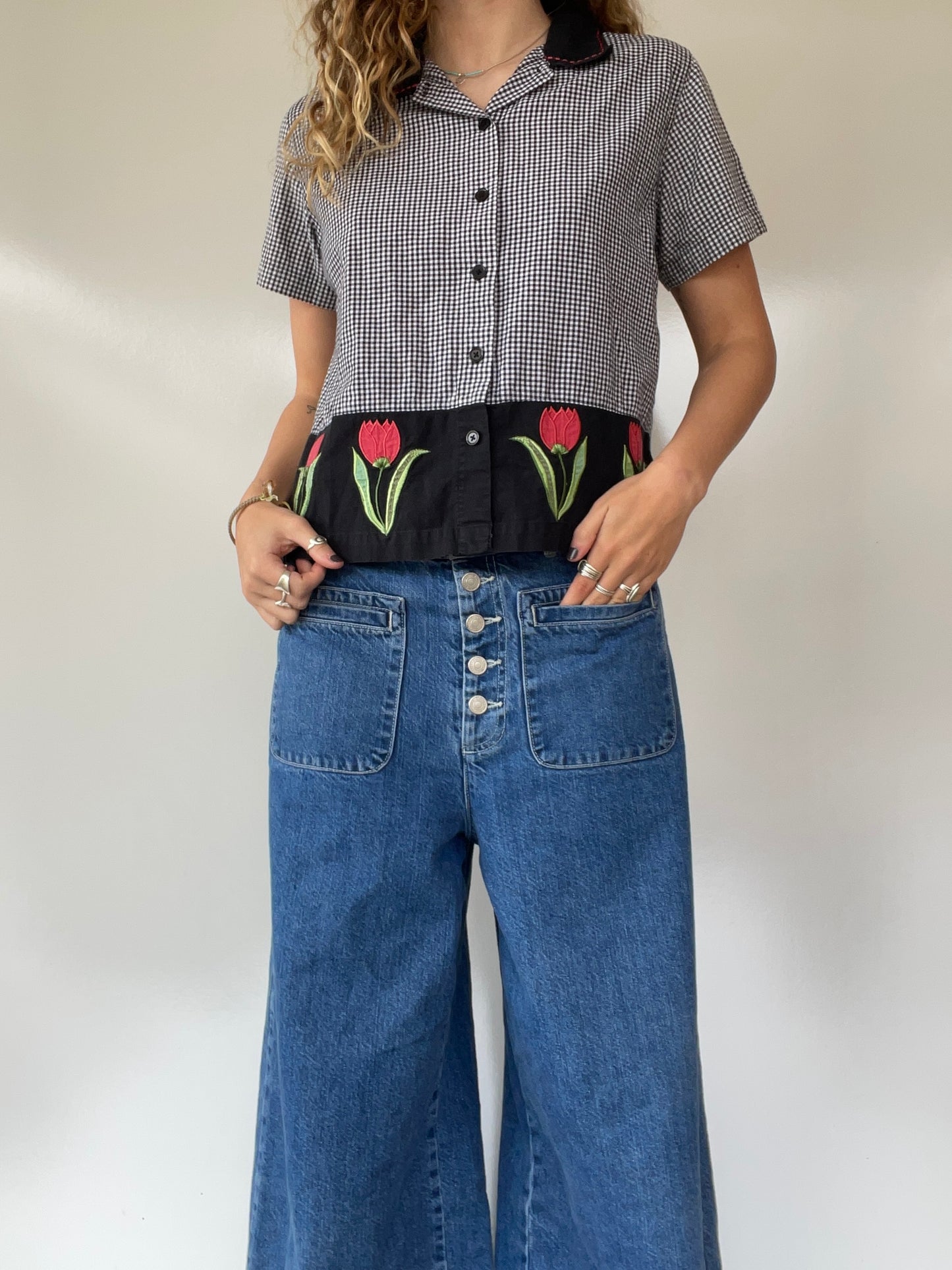 Embroidered Gingham Button Up