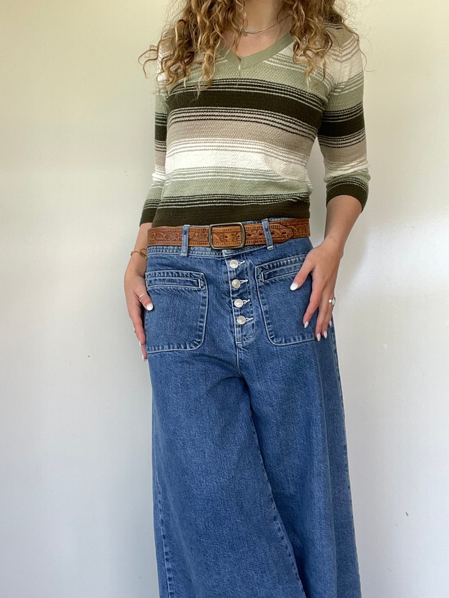 2000s Green Striped Lightweight Sweater Top