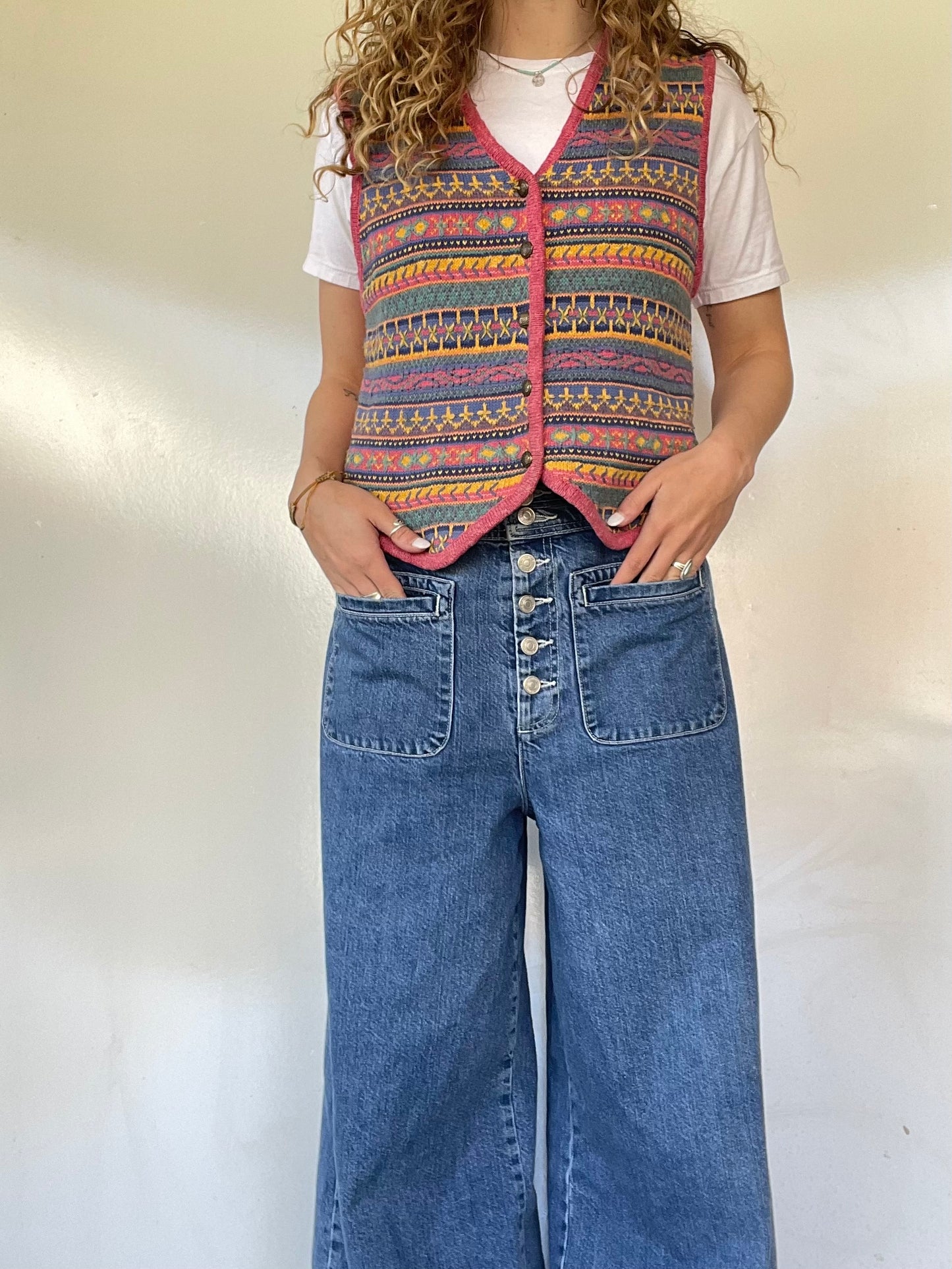 80s Colorful Pink Knit Sweater Vest