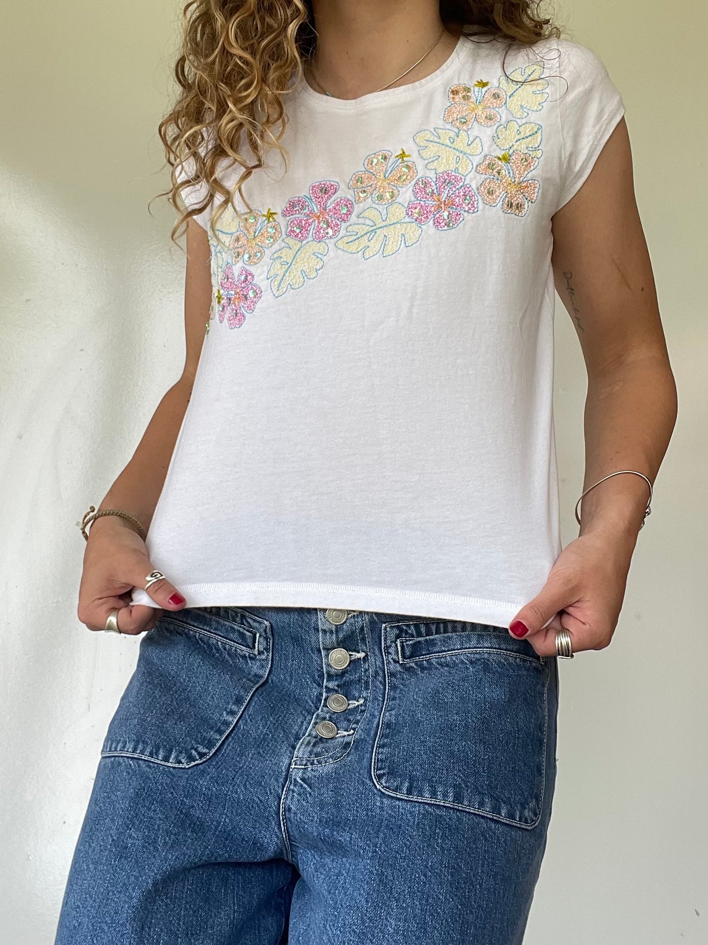 00s Sequined Embroidered Flower Baby Tee