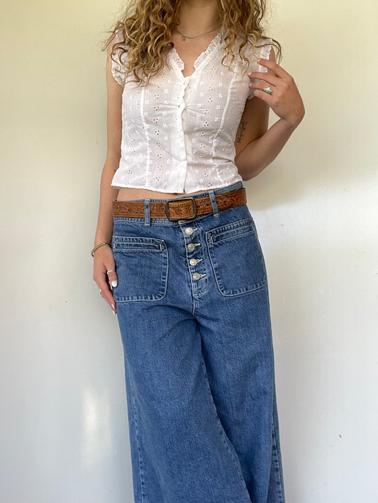1970s Vintage White Lace Button Up Top