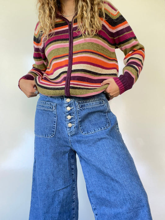 Vintage Striped Zip Up Sweater