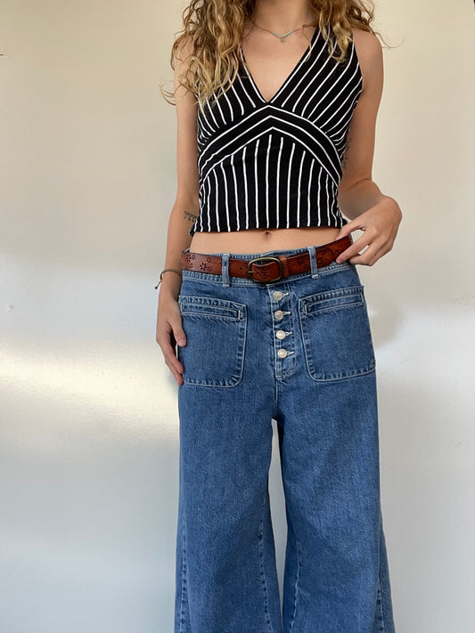 Striped Deep V-Neck Crop Top