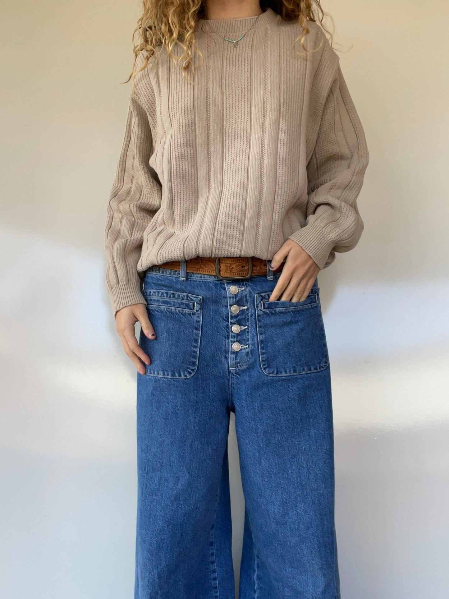 90s Vintage Cable Knit Cream/Light Brown Sweater