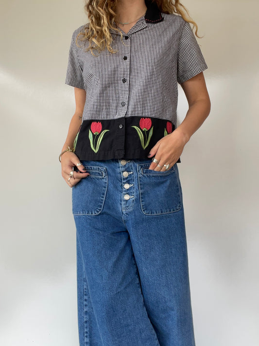 Embroidered Gingham Button Up