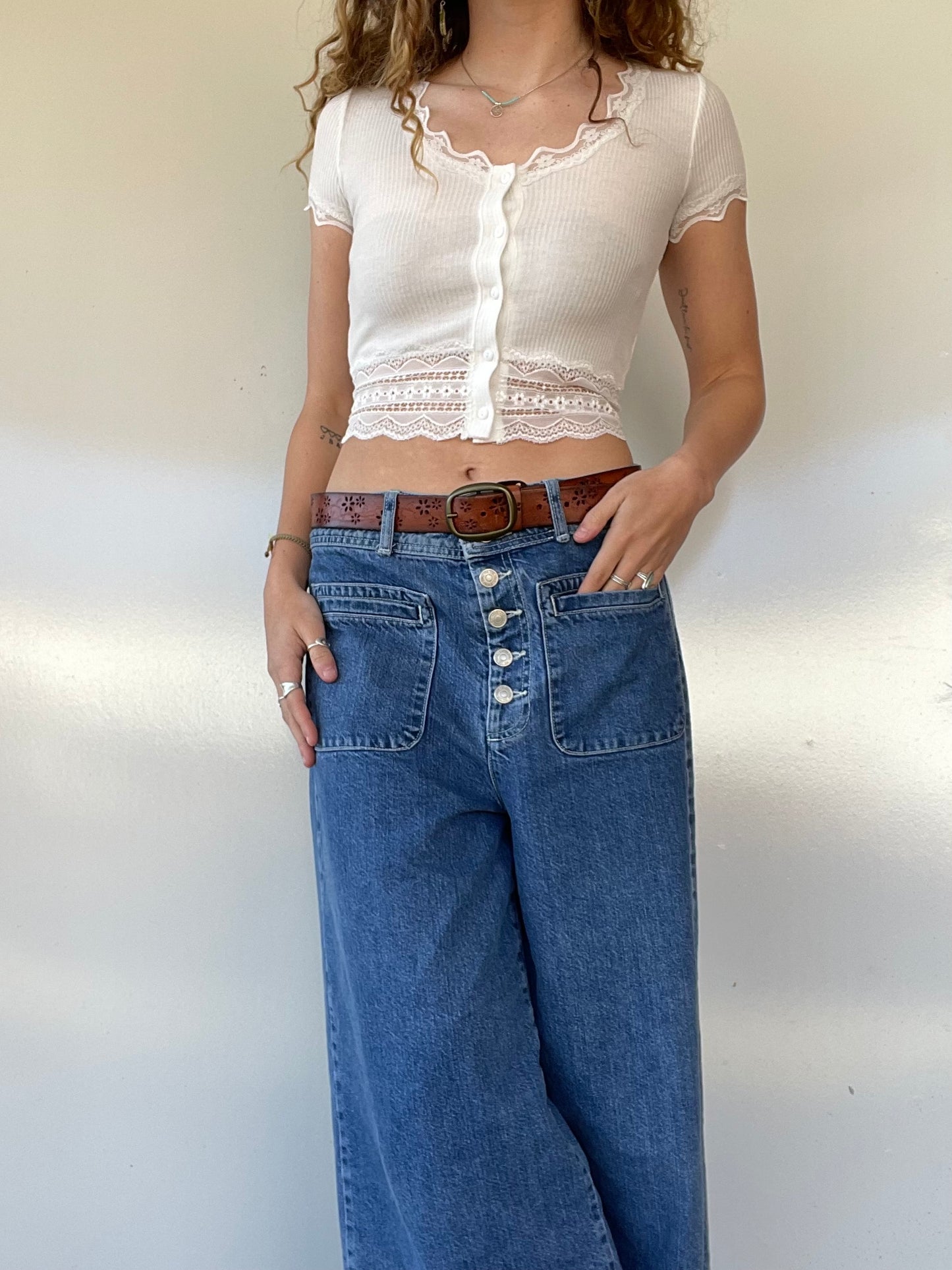 White Lace Button Up Crop Top