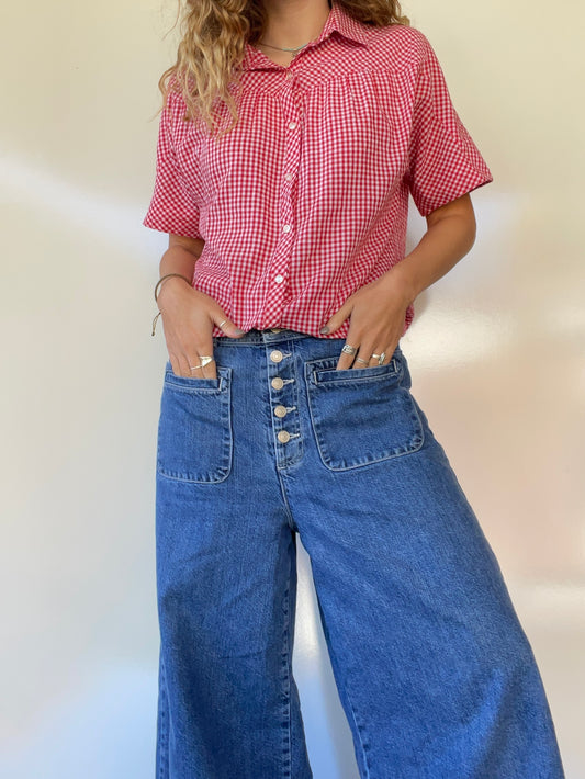70s Vintage Gingham Button Up Top