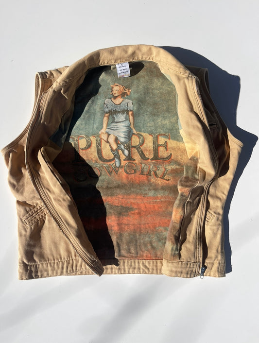Vintage Tan Canvas Vest With Cowgirl Graphic Inside Lining