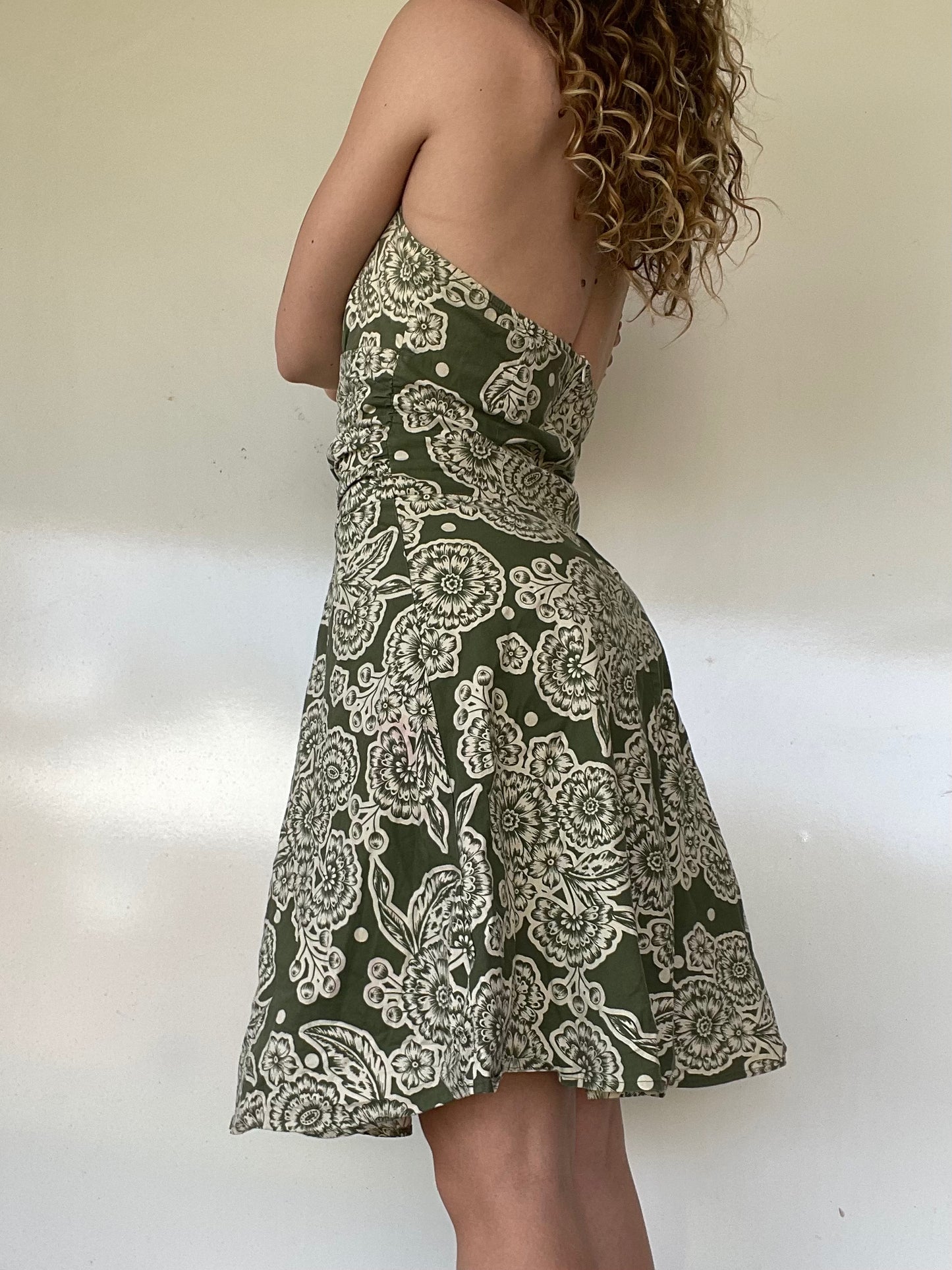 00s Green Floral Midi Halter Dress