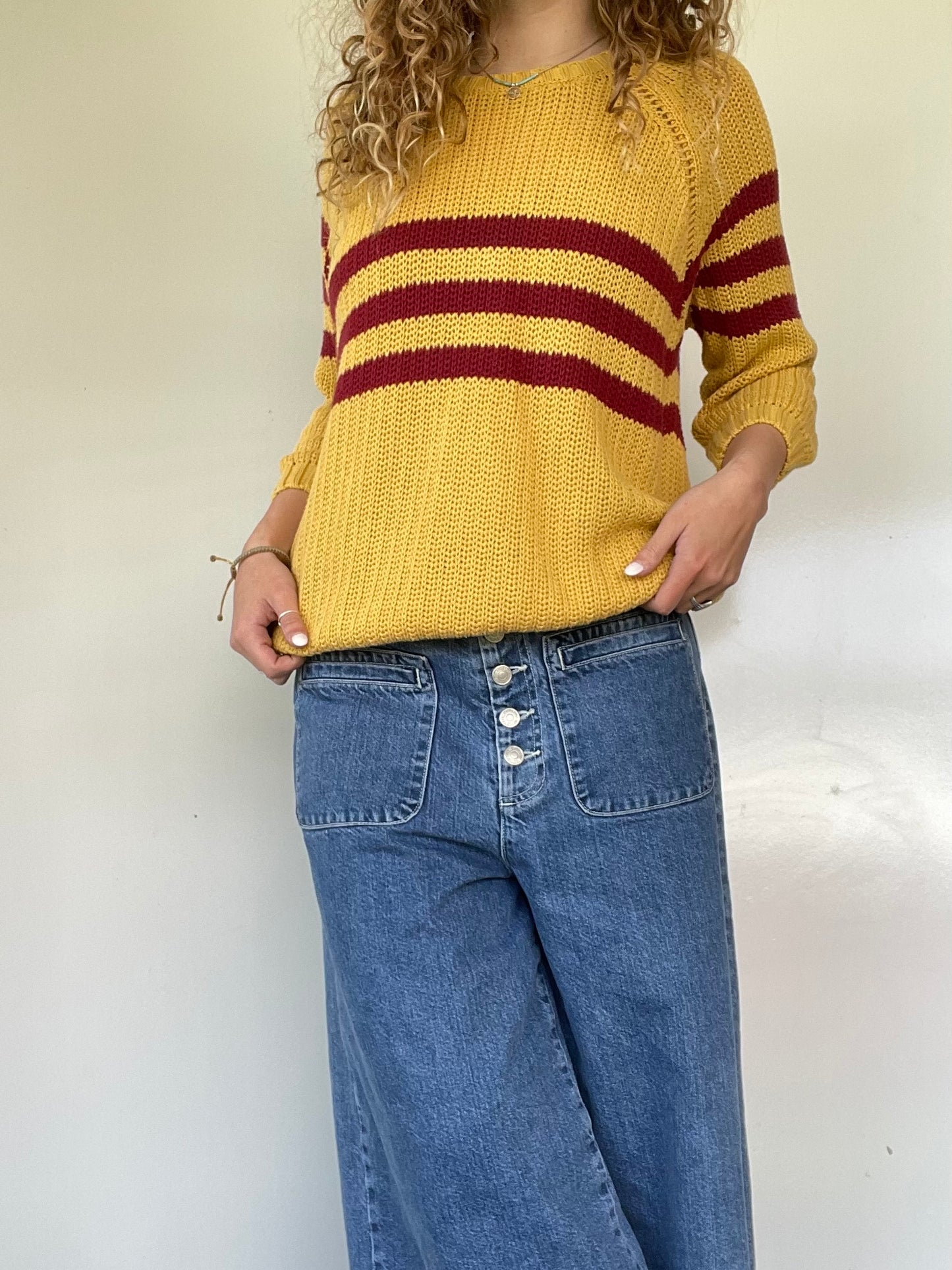 Yellow and Red Striped Knit Sweater