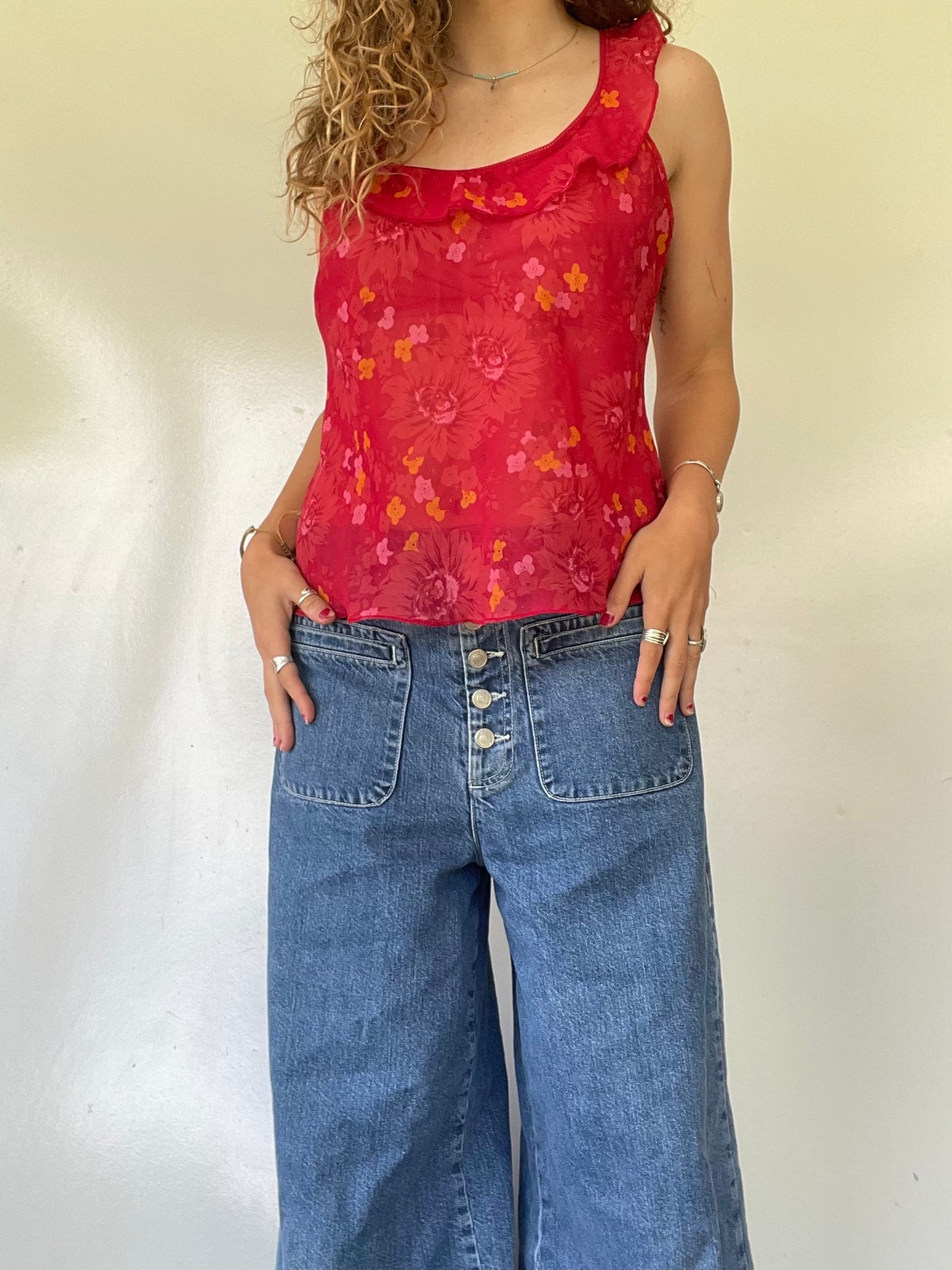 Sheer Floral Flowy Tank Top