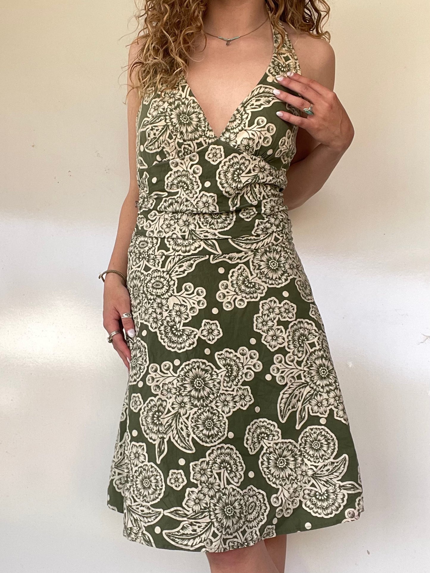 00s Green Floral Midi Halter Dress