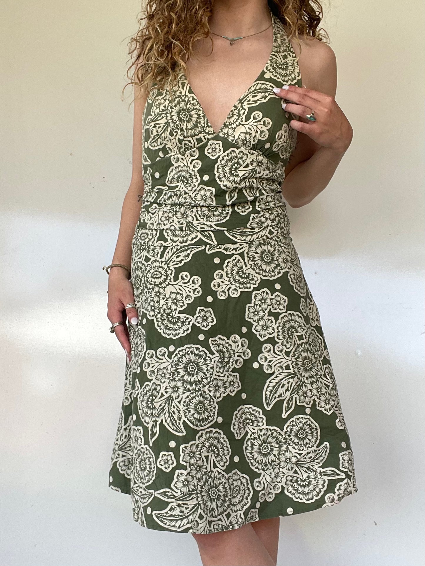 00s Green Floral Midi Halter Dress