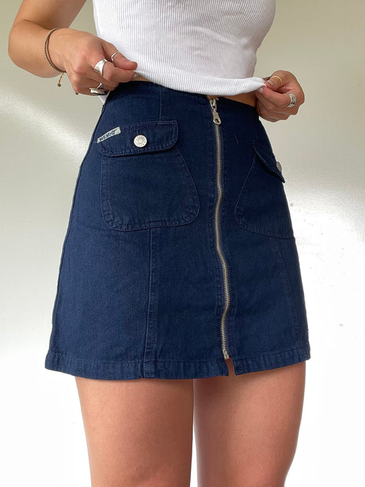 90s Vintage Navy Blue Patch Pocket Mini Skirt