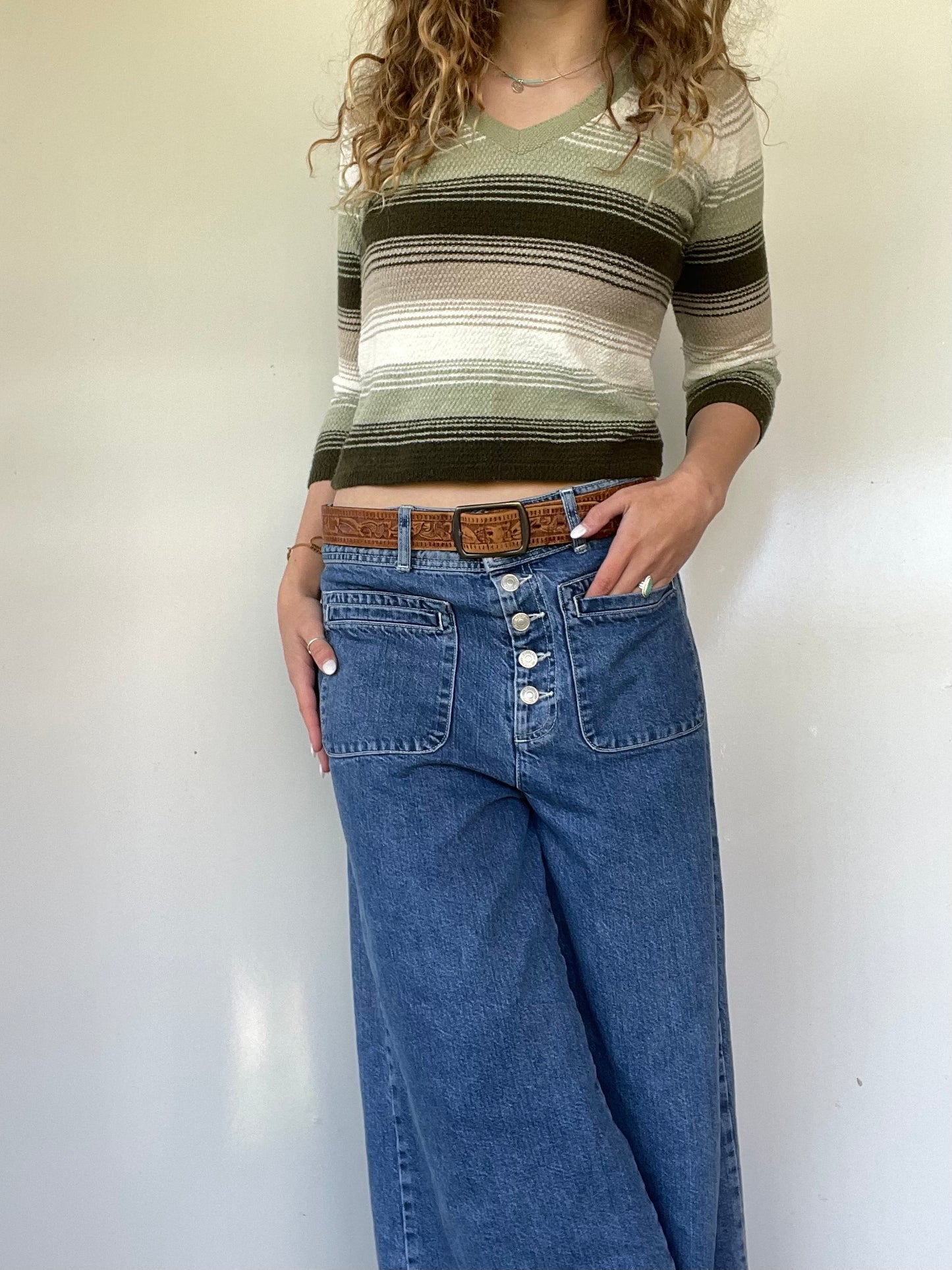 2000s Green Striped Lightweight Sweater Top
