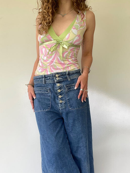 00s Pink and Green Abstract Tank Top