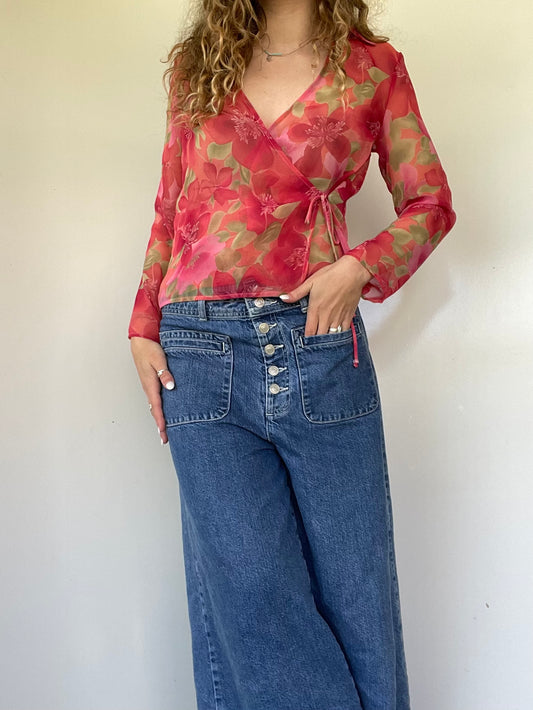 Vintage Sheer Floral Wrap Top