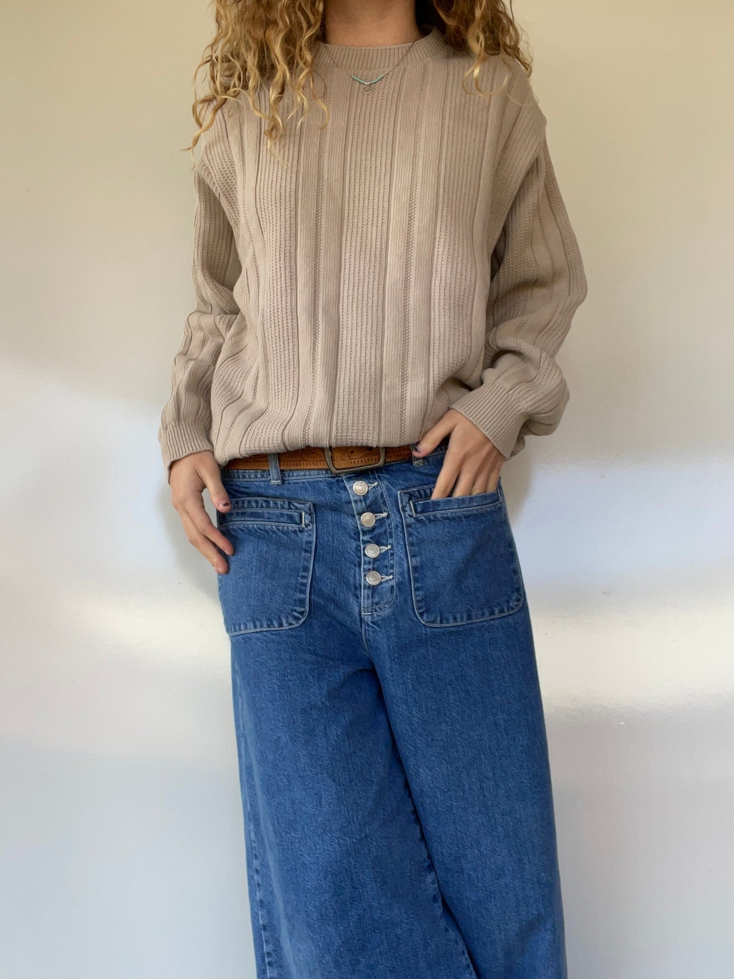 90s Vintage Cable Knit Cream/Light Brown Sweater