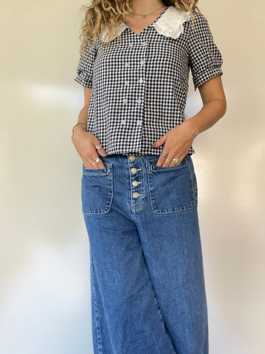 Gingham Button Up Top with White Trim Collar