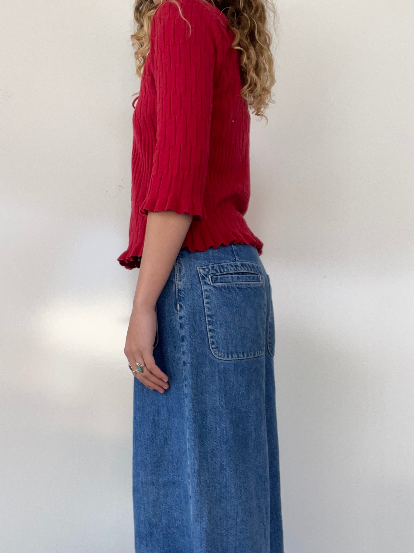 Vintage Red Mid-Sleeve Sweater Top