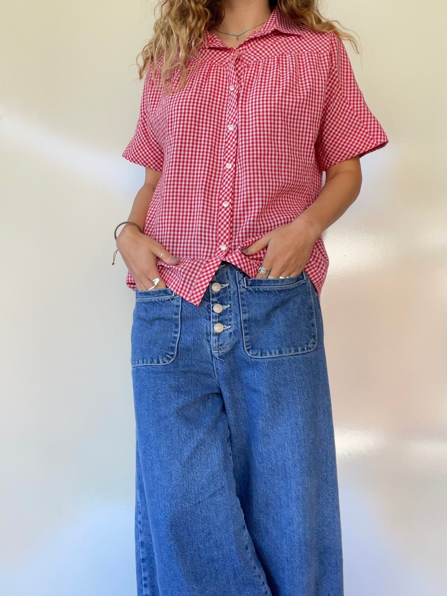 70s Vintage Gingham Button Up Top