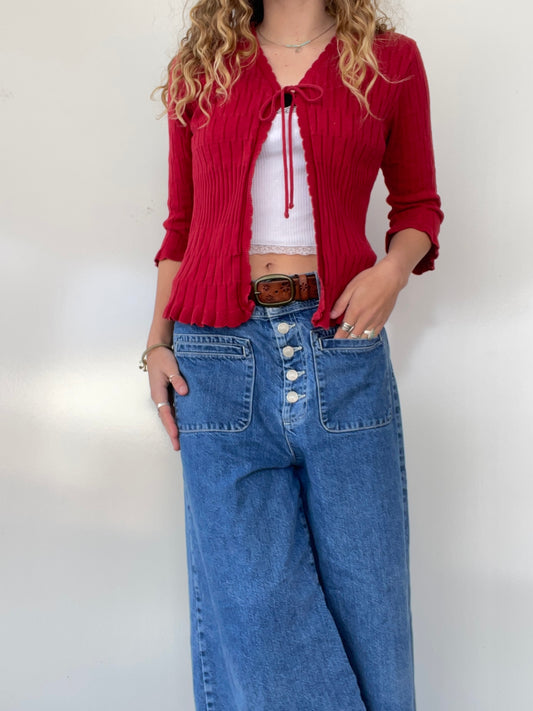 Vintage Red Mid-Sleeve Sweater Top