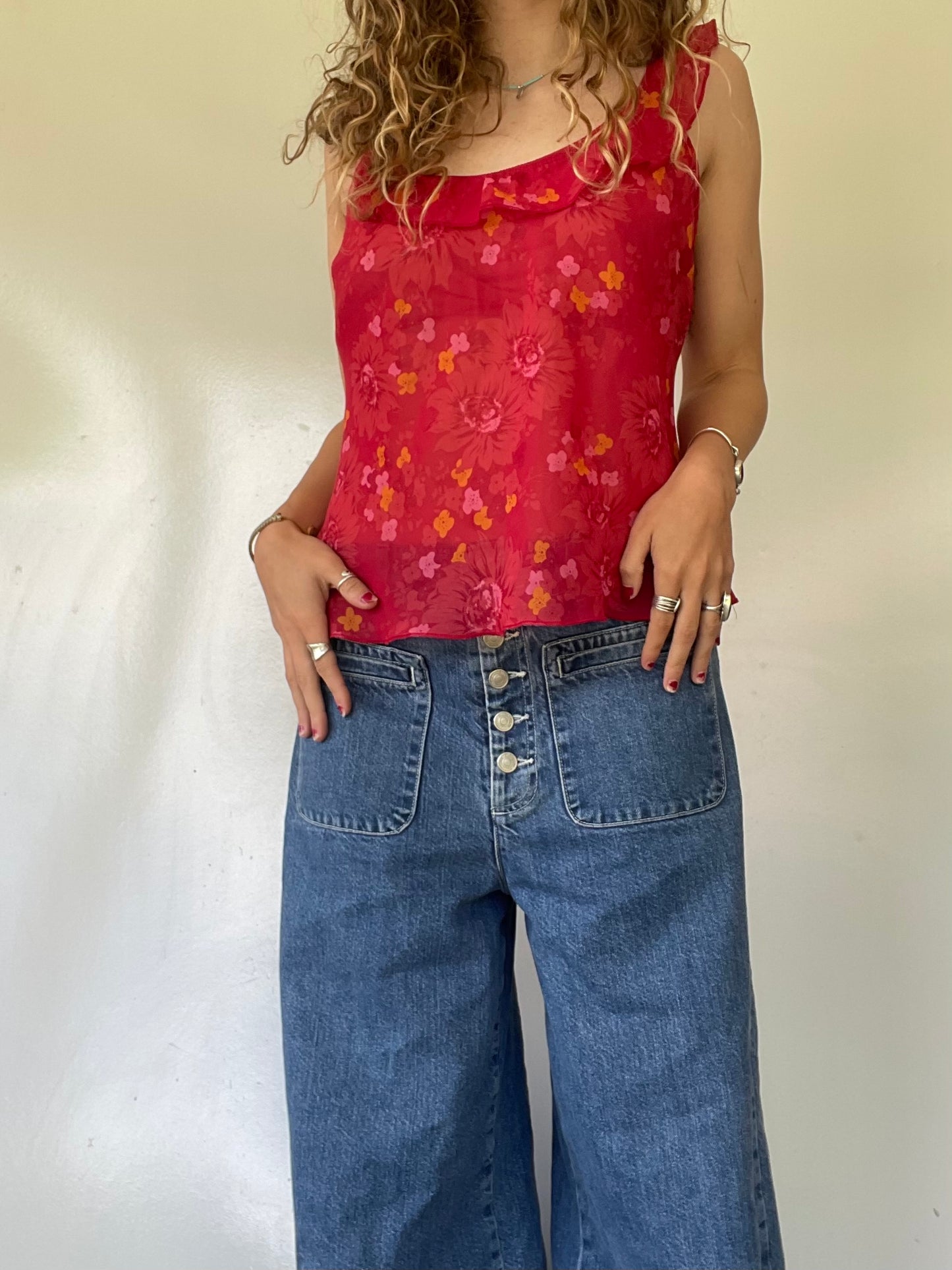 Sheer Floral Flowy Tank Top