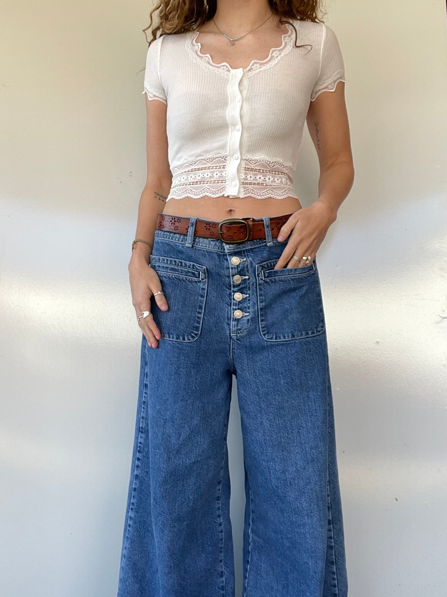 White Lace Button Up Crop Top